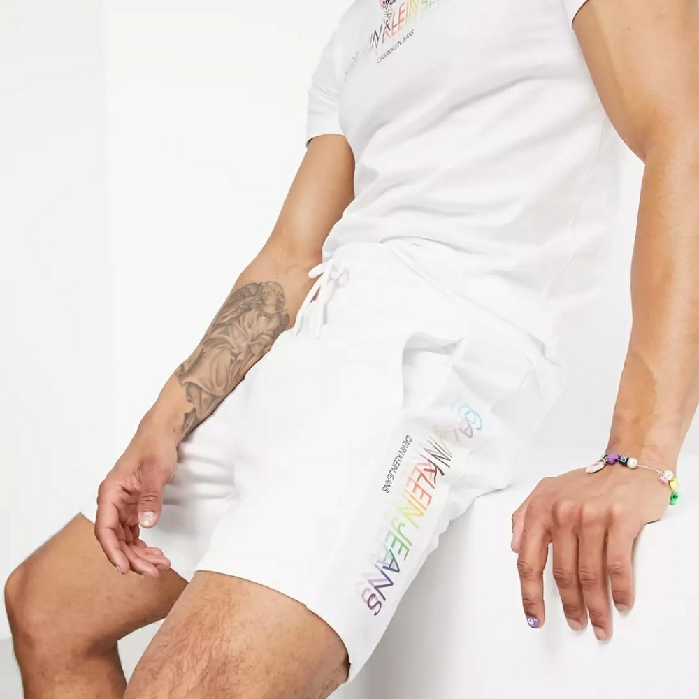 white terry pride sweatshorts and matching tee